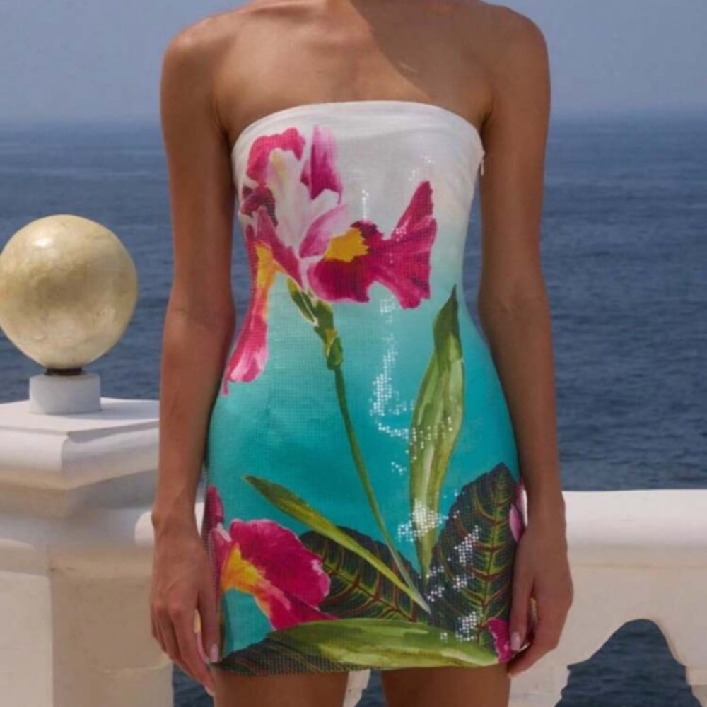 Women Sequin Tube Mini Dress Y2K /Butterfly Strapless Bodycon Short Dress